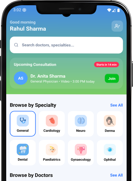 Symcure app displayed on two smartphones showing the doctor search and booking screens